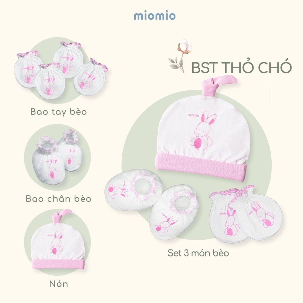 Bao Tay Sơ Sinh Bèo, Bao Chân Bèo, Nón MIOMIO - Họa Tiết Thỏ Chó Cho Bé Trai, Bé Gái, Vả