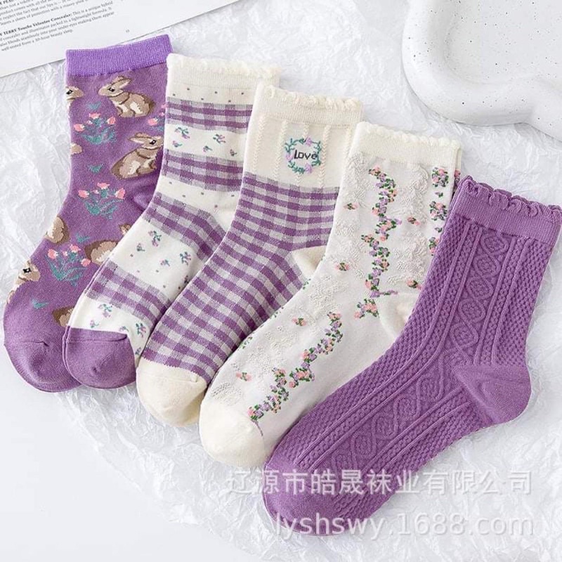Tất nữ cổ cao, vớ nữ cổ cao trắng tím hoa nhí sọc caro cổ bèo, tất cotton co dãn, thời trang Hàn Quốc HT002