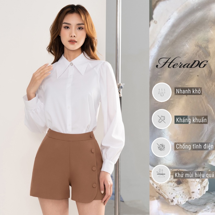 Áo sơ mi trắng nữ nhún vai, tay bồng, chất liệu Recycle từ vải hàu độc quyền HeraDG SASBB3003