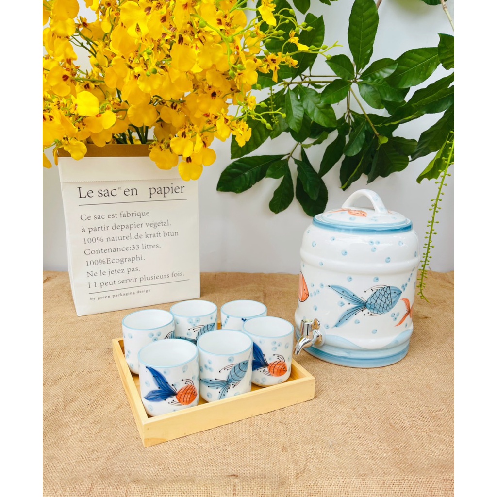 Bộ bình uống nước họa tiết ngộ nghĩnh vẽ tay Bát Tràng - Bình nước có vòi