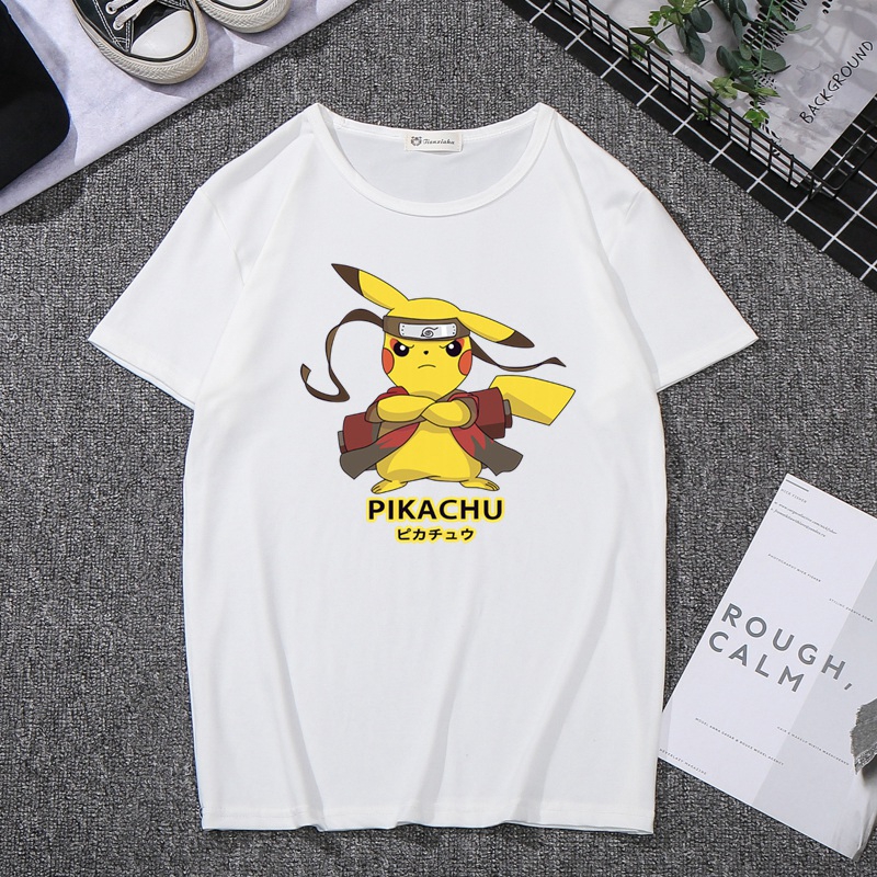 Áo Thun Tay Ngắn Cổ Tròn In Hình Pikachu 2 Màu Trơn Tùy Chọn Cho Nam Và Nữ