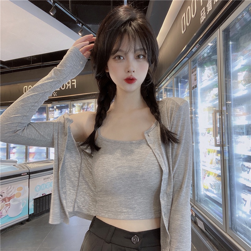 SUXI Set Áo Hai Dây + Áo Khoác Cardigan Mỏng Tay Dài Thời Trang Mùa Thu Cho Nữ