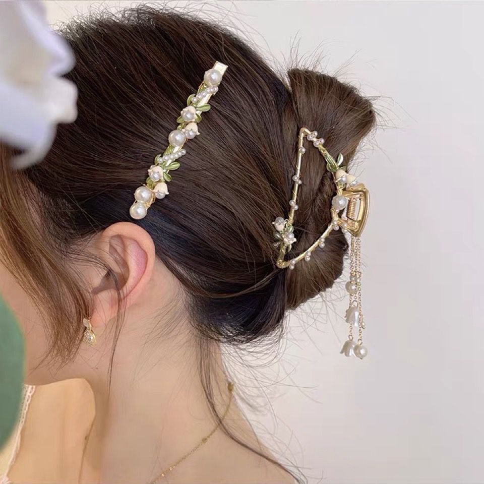 Kẹp tóc Haimeikang tua rua bằng hợp kim đính ngọc trai giả phong cách cổ điển thời trang cho nữ