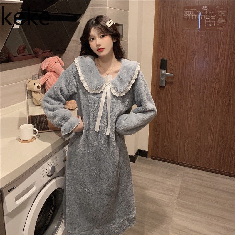 Đầm ngủ tay dài chất nỉ dày dặn giữ ấm thời trang mùa đông xinh xắn cho nữ | BigBuy360 - bigbuy360.vn