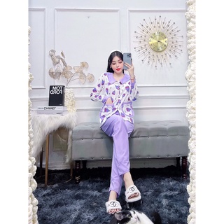Đồ ngủ pijama tay dài quần dài vải kate lụa họa tiết siêu xinh xắn freesize dưới 57kg