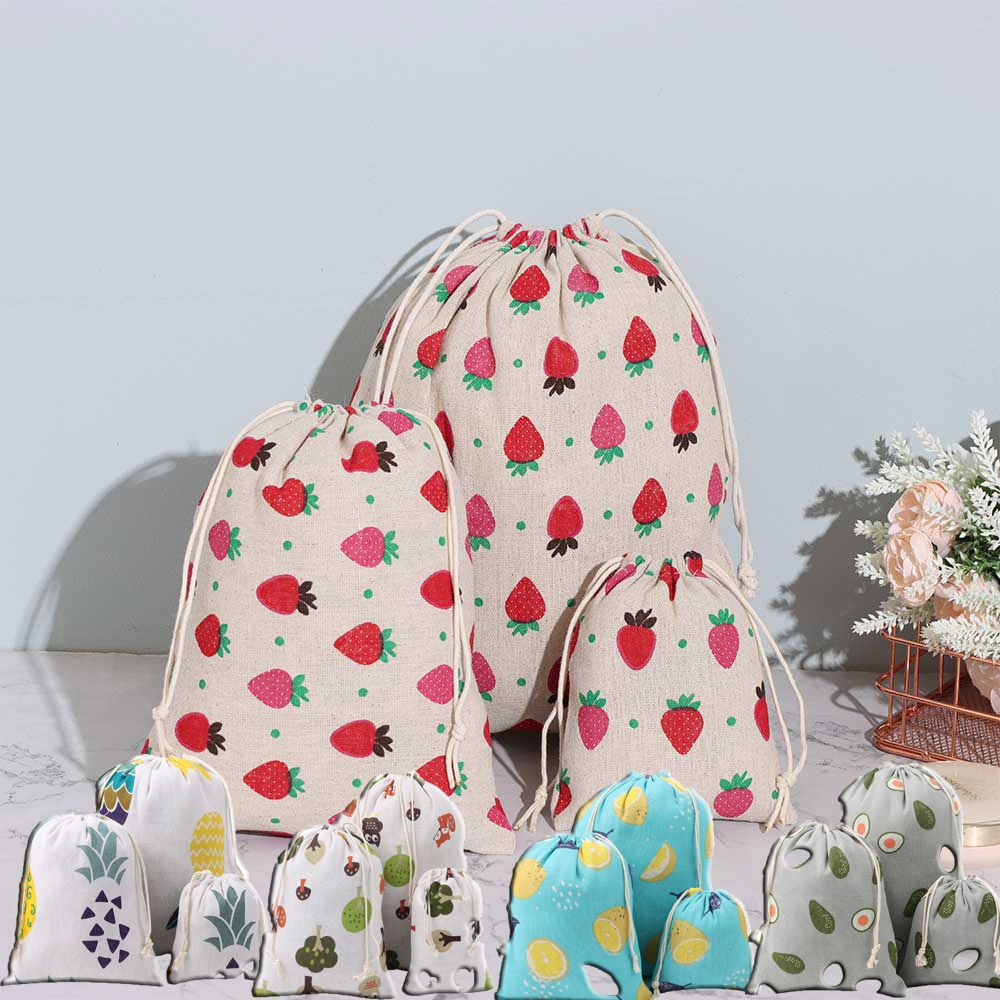 Túi dây rút bằng vải lanh cotton chống bụi in họa tiết trái cây dùng đựng đồ trang điểm
