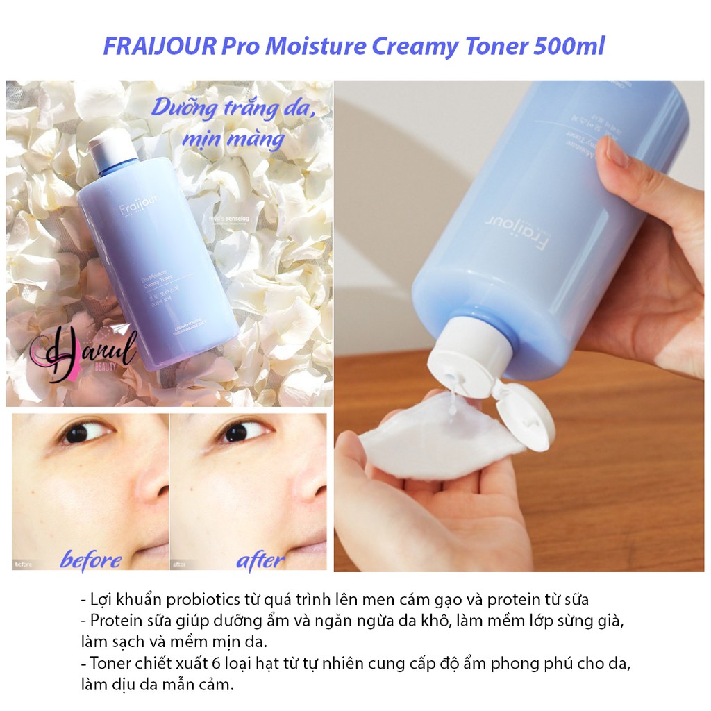 (Date 2024) Toner Sữa Cám Gạo FRAIJOUR DƯỠNG ẨM và LÀM SÁNG DA PRO MOISTURE CREAMY TONER 500ml Hàn Quốc