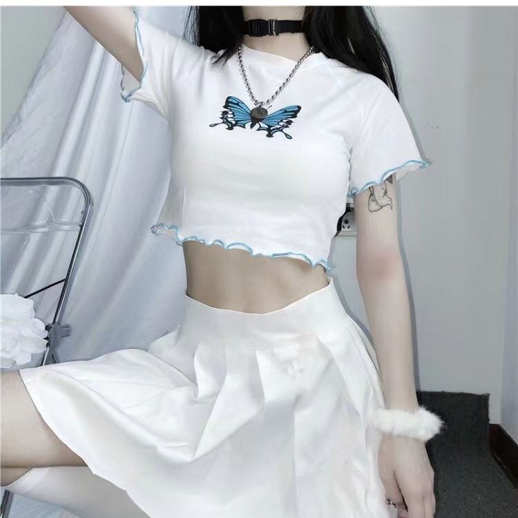 Suit Skirt Two Piece Suit Women's Fashion Korean Fashion Student Dress High Waist Short Sleeve Butterfly T-shirt + Pleated Skirt