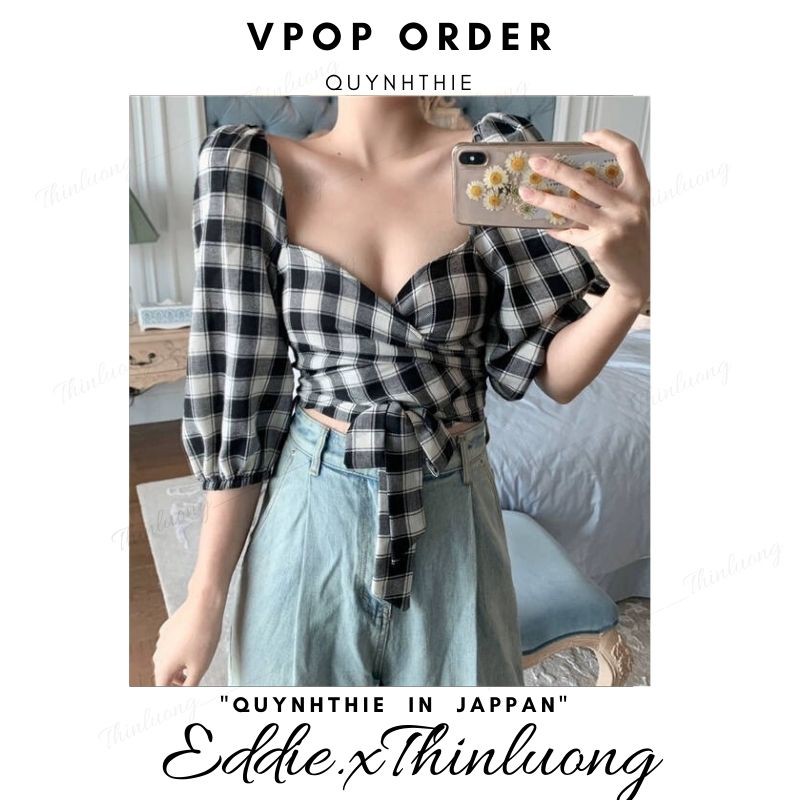 Áo croptop caro thắt eo dễ thương giống Quynhthie