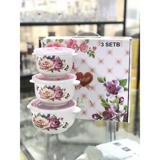 Bộ 3 bát, thố sứ có tay cầm kèm nắp hút chân không