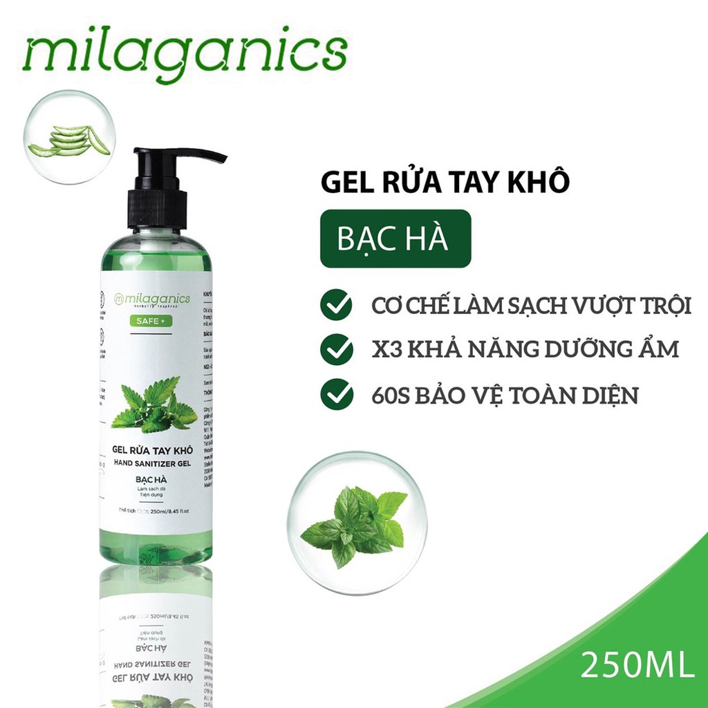 GEL RỬA TAY KHÔ BẠC HÀ MILAGANICS 250ML