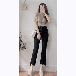 Quần jeans ống loe 2 màu cạp cao