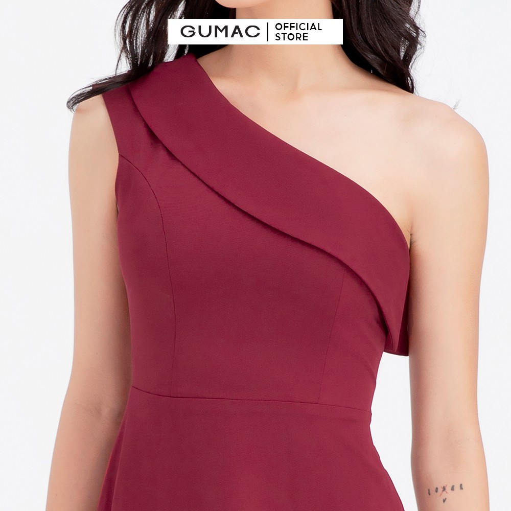 [Mã MABR07062 giảm 8% tối đa 50K đơn từ 249K] Đầm xòe nữ lệch vai phối bèo GUMAC màu đỏ hở vai quyến rũ DB688 | BigBuy360 - bigbuy360.vn