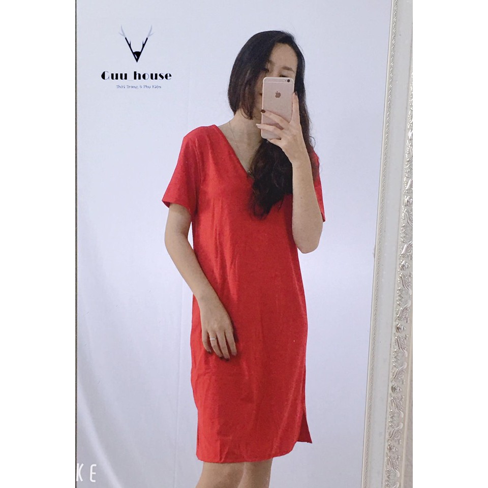 Đầm suông trơn form rộng chất cotton tàu cổ tim đan dây lưng xinh xắn | BigBuy360 - bigbuy360.vn
