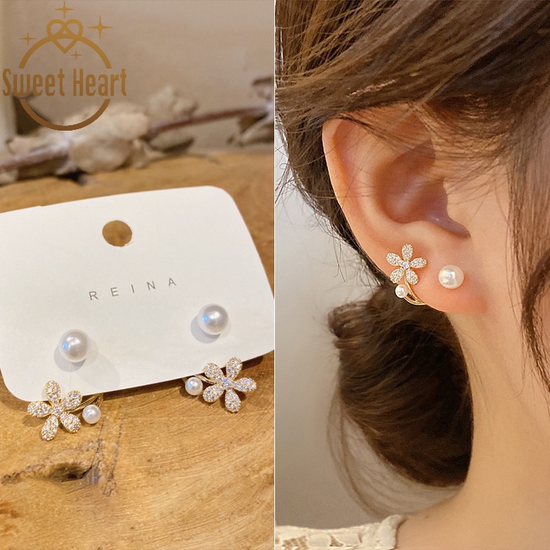 Bông Tai Hình Hoa Mạ Bạc 925 Đính Ngọc Trai Sang Trọng Thời Trang Cho Nữ