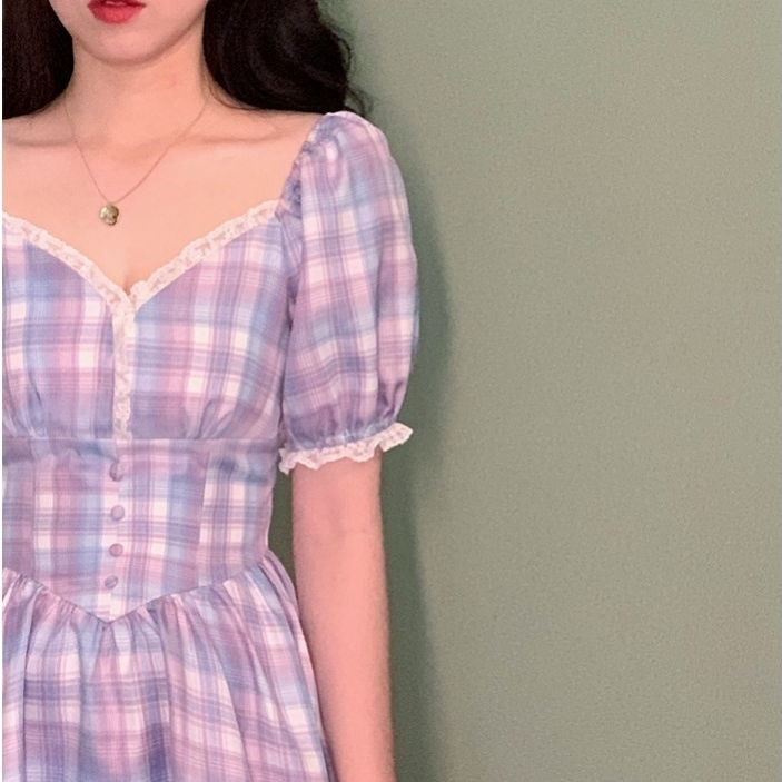 Purple Plaid Lace Temperament Dress French Retro High Waist Show Plaid Dress Mid-length Elegant Dress | BigBuy360 - bigbuy360.vn