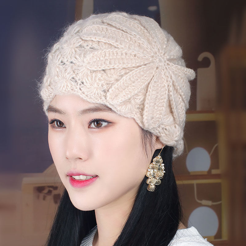 Mũ len dệt kim Mũ Nữ Mũ len dệt kim Mũ len nữ Mũ Len móc hoa mùa thu đông năm 2020