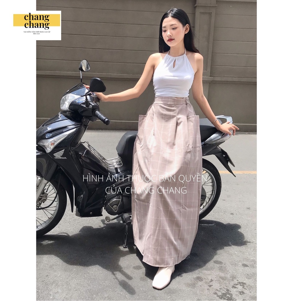 Váy Che Nắng Lưng Thun Cài Nút CHANG CHANG, Quây Che Nắng Thời Trang Nâu Caro Xếp ly