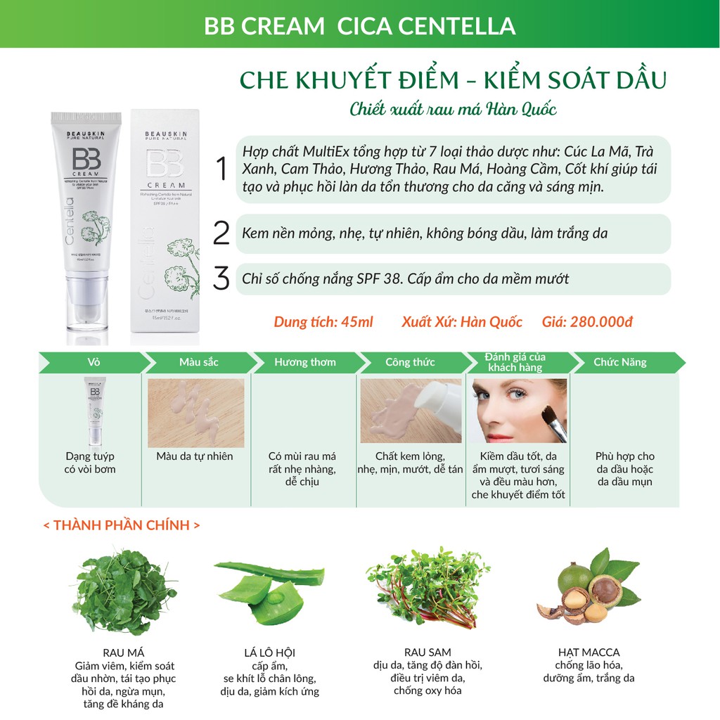 [Mã LT20 giảm 20K đơn 150K] Kem Nền Che Khuyết Điểm Lâu Trôi BEAUSKIN Centella Cica BB Cream 45ml - BMBB0500210 | BigBuy360 - bigbuy360.vn
