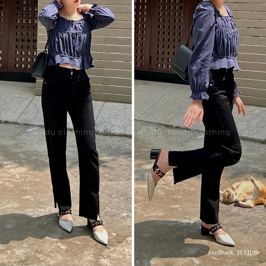 Quần Jean Ống Đứng Nữ TULIDU Xẻ Tà Lưng Cao Chất Mềm Mịn Co Giãn 4 Chiều Quần Ống Đứng