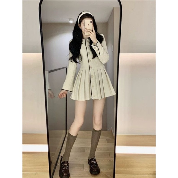 Đầm dạ tweed phong cách tiểu thư tay dài xếp ly màu be dành cho nữ