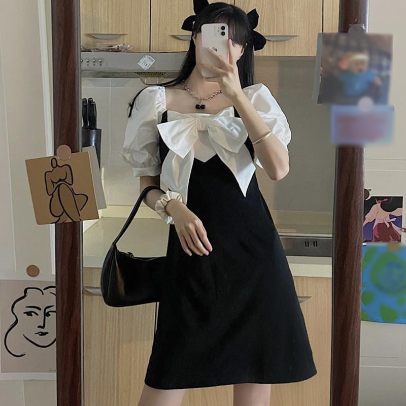 Đầm Tay Ngắn Phồng Cổ Vuông Dáng Chữ A Màu Sắc Tương Phản Phong Cách Preppy Cổ Điển Thời Trang Cho Nữ