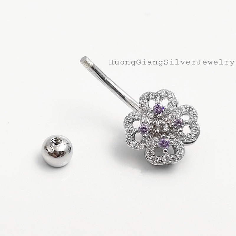 Khuyên rốn cỏ 4 lá xoay Bạc s925 xi kim  - HuongGiangSilver