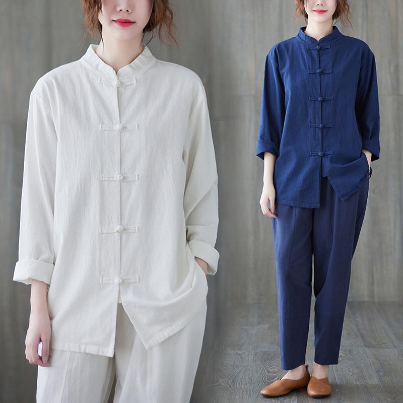 Áo sơ mi cotton vải lanh tay dài cài nút/ Quần dài dáng rộng phong cách Trung Hoa retro thời trang dành cho nữ