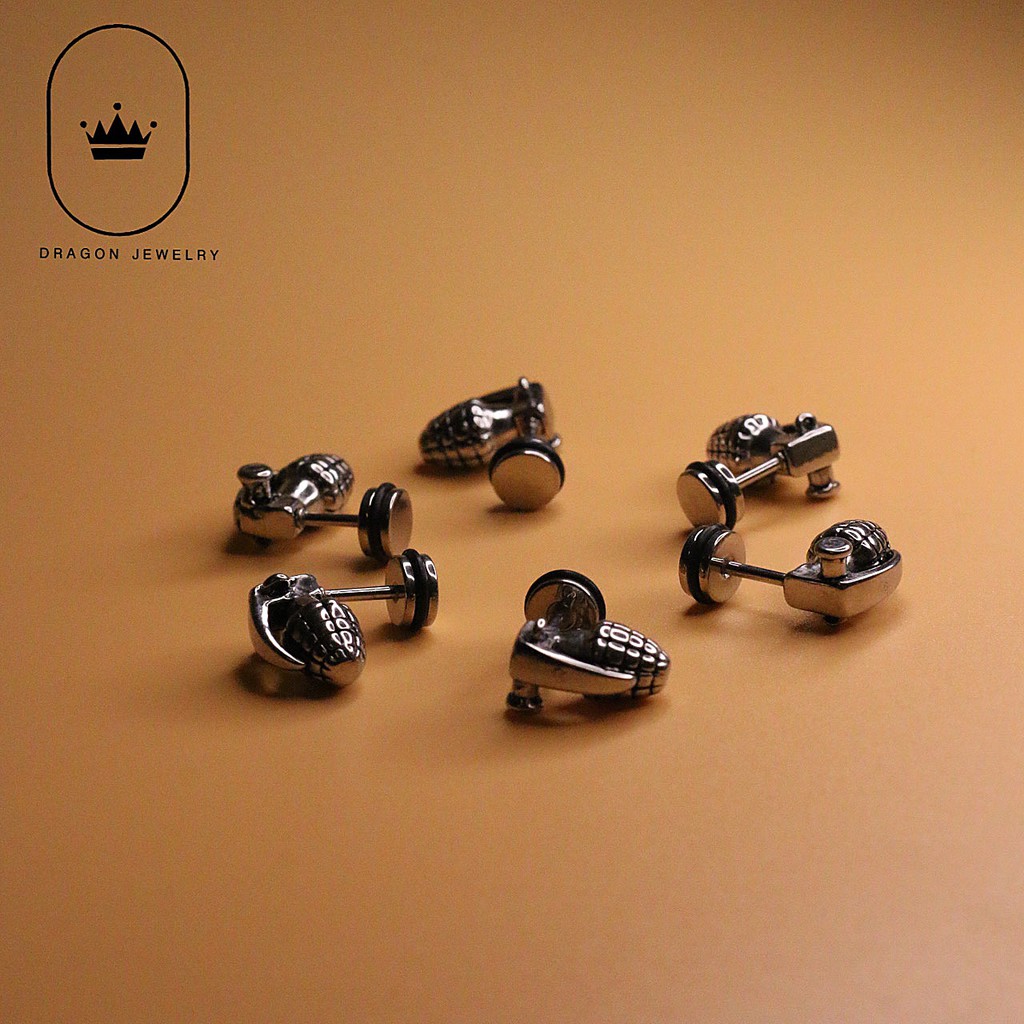 Khuyên tai nam nữ đẹp chất khuyên xỏ nam hoạ tiết lựu đạn cá tính Grenade Earring Dragon Jewelry Vietnam mã E35S1