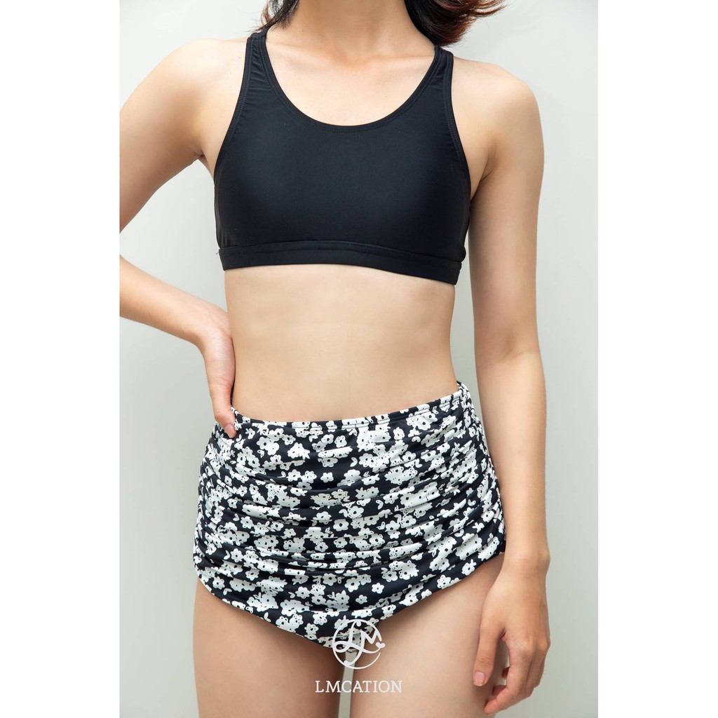 Combo Bikini - Áo Ngực Dây Chéo Màu Đen & Quần Bơi Kiểu Nhún Sasha - Hoa Nhí Đen Trắng | BigBuy360 - bigbuy360.vn