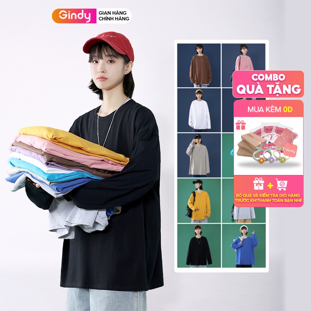 Áo thun phông form rộng dài tay GINDY cổ tròn unisex nam nữ basic vải cotton 100% co dãn thời trang thu đông 2021 A9102 | BigBuy360 - bigbuy360.vn