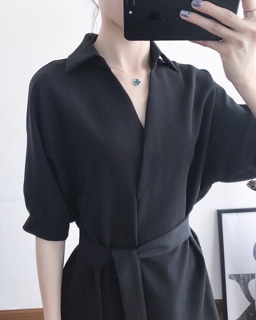 Đầm váy sơ mi đen cột eo - form to (kèm hình thật)