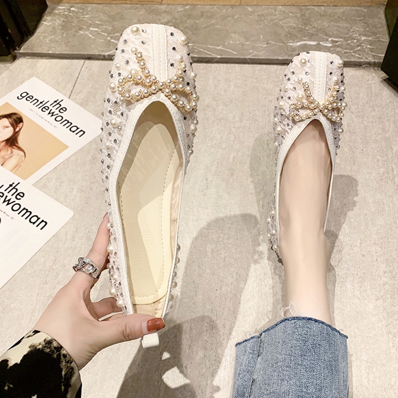 2021 New Soft Sole Square Closed Toe Flat Shoes Popular Bow Tie Pearl Slip on Loafers