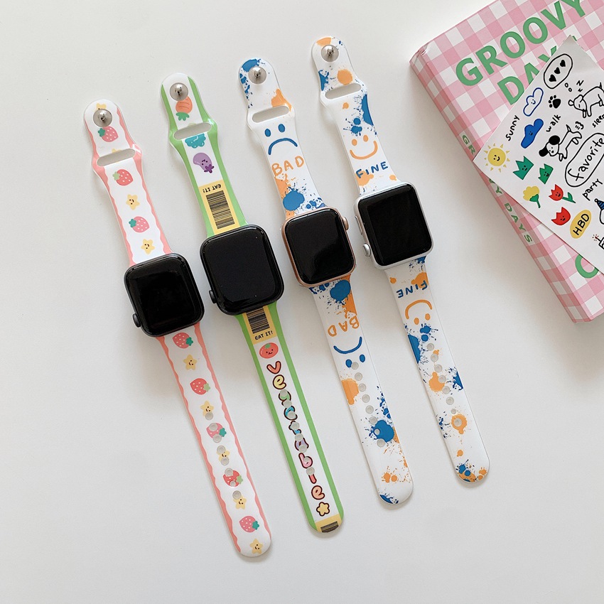 Dây Đeo Silicon Họa Tiết Mặt Cười Cho Đồng Hồ Apple Watch Series 7 6 SE Kích Thước 45mm 41mm 38mm 40mm 42mm 44mm 2 3 4 5