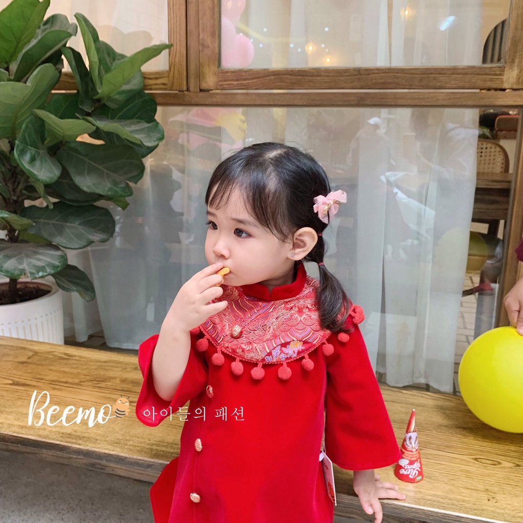 Áo dài cách tân phối gấm diện Tết cho bé trai bé gái xinh xỉu