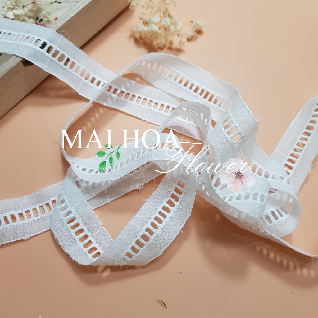 [Size 1cm] Dây ren viền trang trí quần áo chất vải thô boi trắng họa tiết bậc thang dài 13 mét rộng 1cm Maihoafabricr
