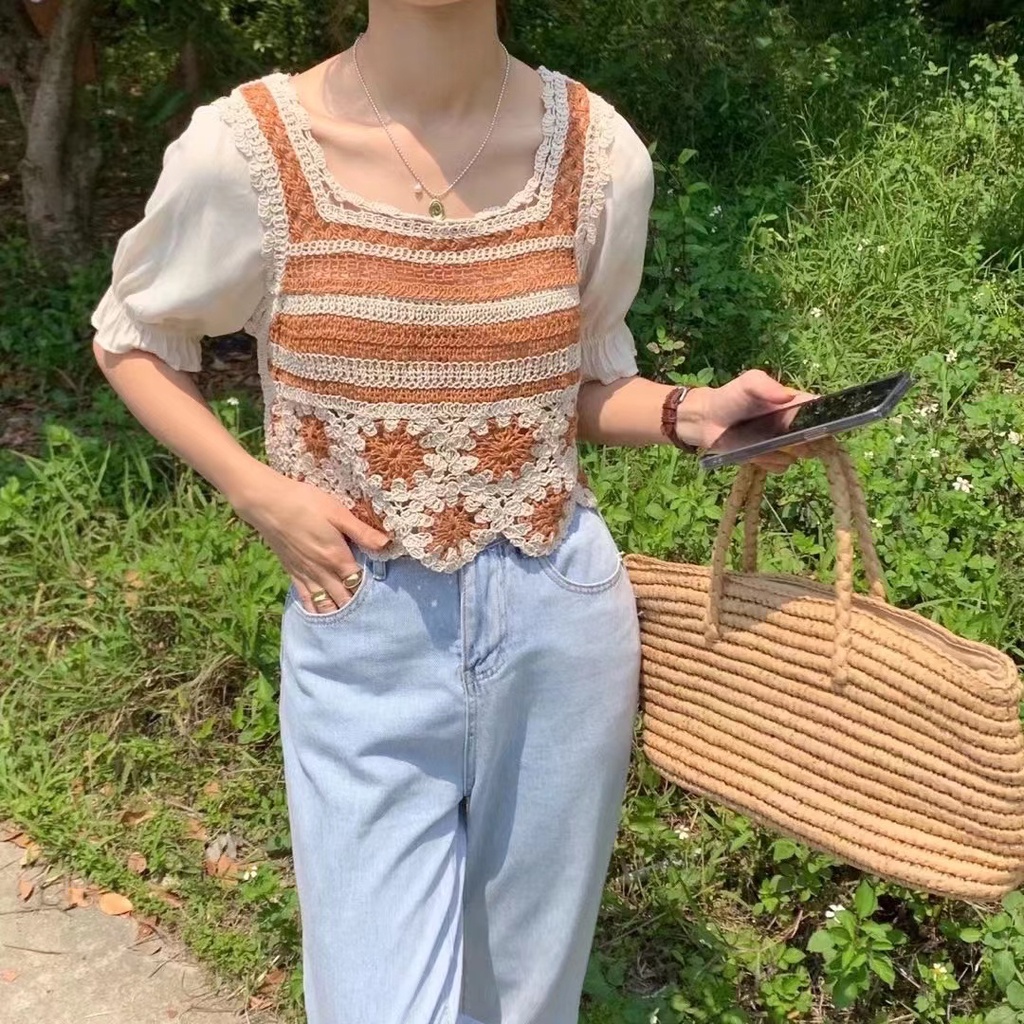 SUXI Áo Tay Ngắn Cổ Vuông Dáng Rộng Phong Cách Vintage Thời Trang Mùa Hè Cho Nữ