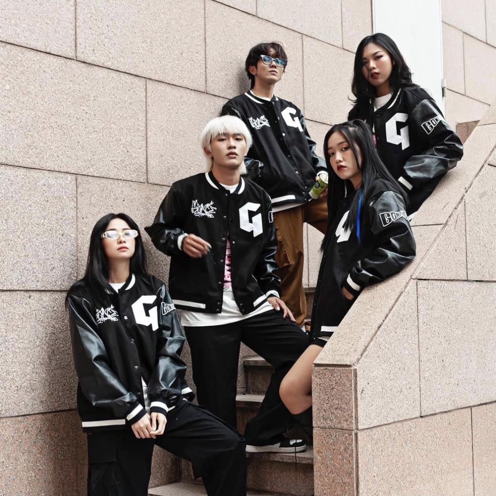 Áo khoác bomber, Varsity jacket Gonz Black nỉ phối tay da form rộng, nỉ tay da dày dặn phong cách