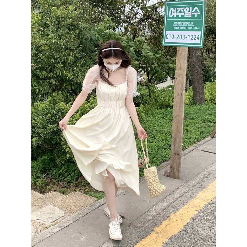 Váy đầm tiểu thư trắng be bo ngực tay lưới ngắn dáng dài ngọt ngào phong cách Hàn Quốc