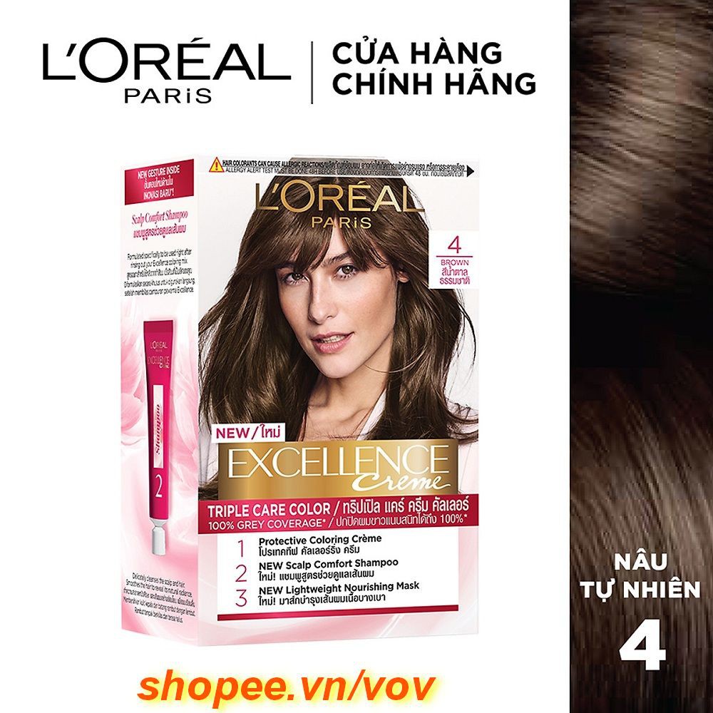 Thuốc nhuộm tóc #4 Loreal Excellence Creme Natural Brown (Nâu tự nhiên) 100% chính hãng, vov cung cấp & bảo trợ.