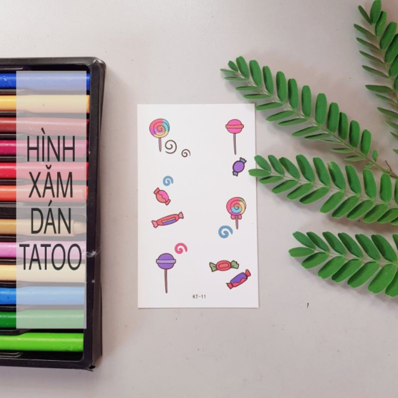 Hình xăm.nhí que kẹo, viên kẹo bọc đường kt11. Xăm dán tatoo mini tạm thời, size &lt;10x6cm