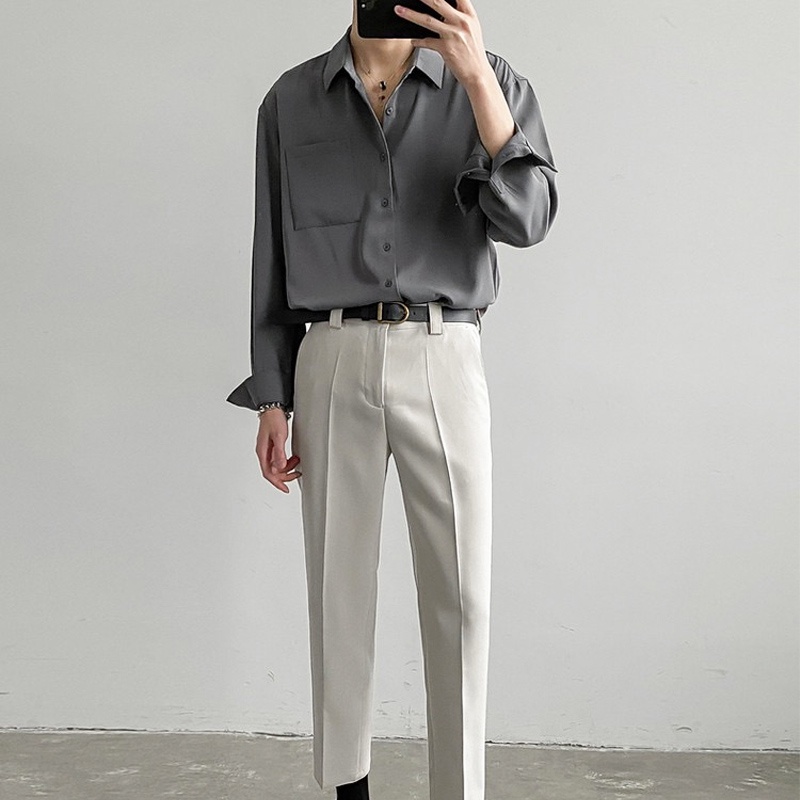 Áo Sơ Mi Tay Dài Dáng Rộng Màu Trơn Thời Trang Công Sở Hàn Quốc Cho Nam