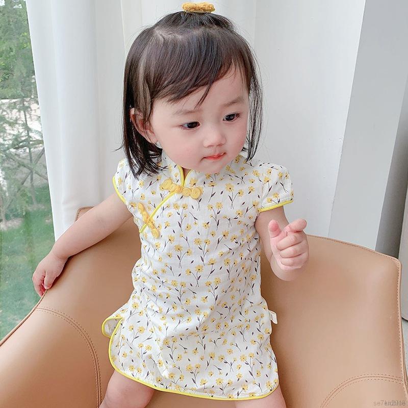 Đầm sườn xám tay ngắn in họa tiết tùy chọn màu sắc xinh xắn dành cho bé gái