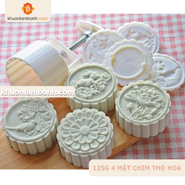 Khuôn bánh trung thu 125g 4 mặt tròn chim, thỏ, hoa lá