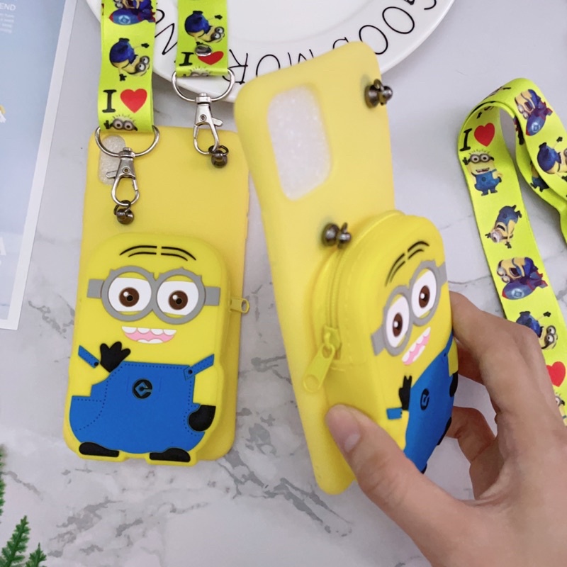 Ốp iPhone XsMax/11/11ProMax Silicon Dẻo Hình Minion Kèm Ví Và Dây Đeo