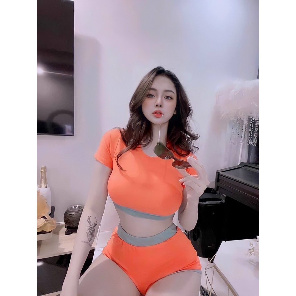 sét bộ tập gym áo croptop tay ngắn cổ tròn quần đùi ôm phối viền màu chất thun dày dặn thời trang 😜👌lyn9