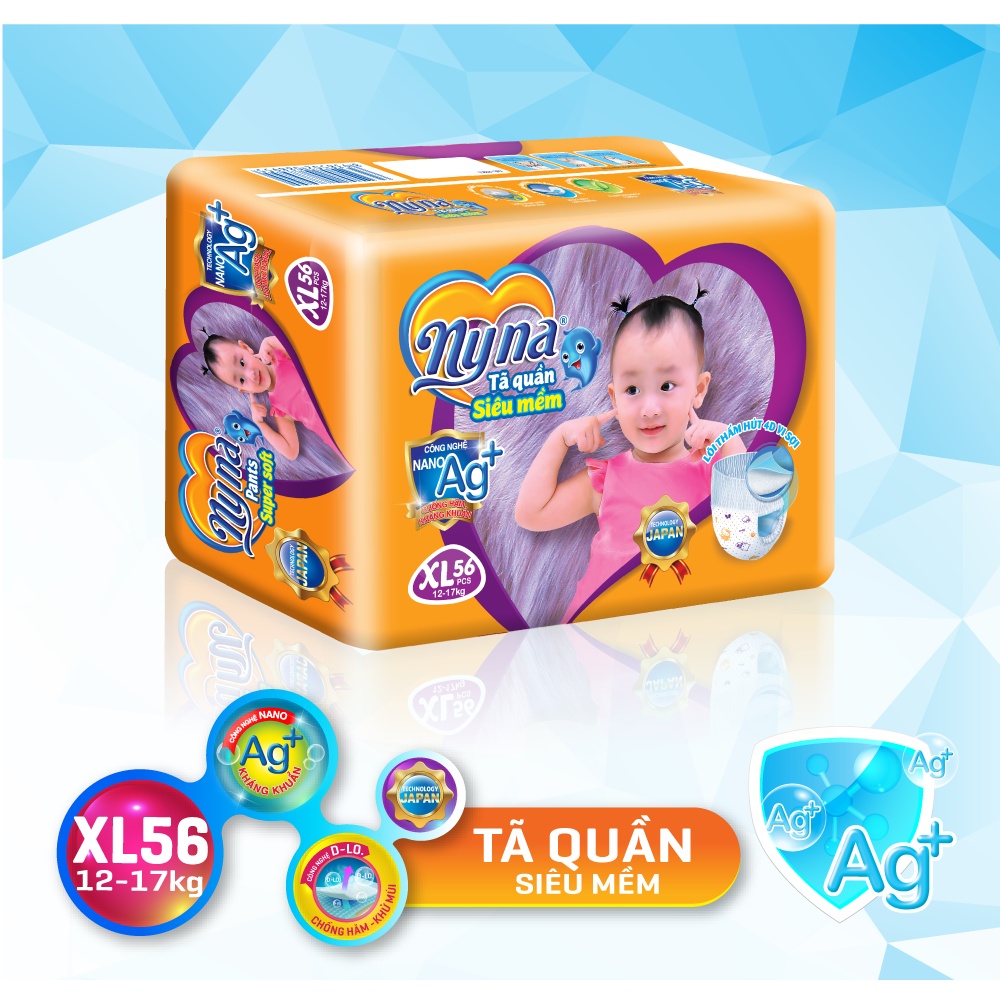 Tã Quần NyNa Size XL 56 Miếng. Bỉm Quần siêu mềm Chính Hãng Cao Cấp. Tả quần size XL mềm mại,khô thoáng,chống tràn