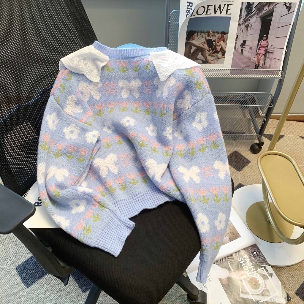 Áo Khoác cardigan Len Tay Dài Cổ Phối Ren Mới Cho Bé