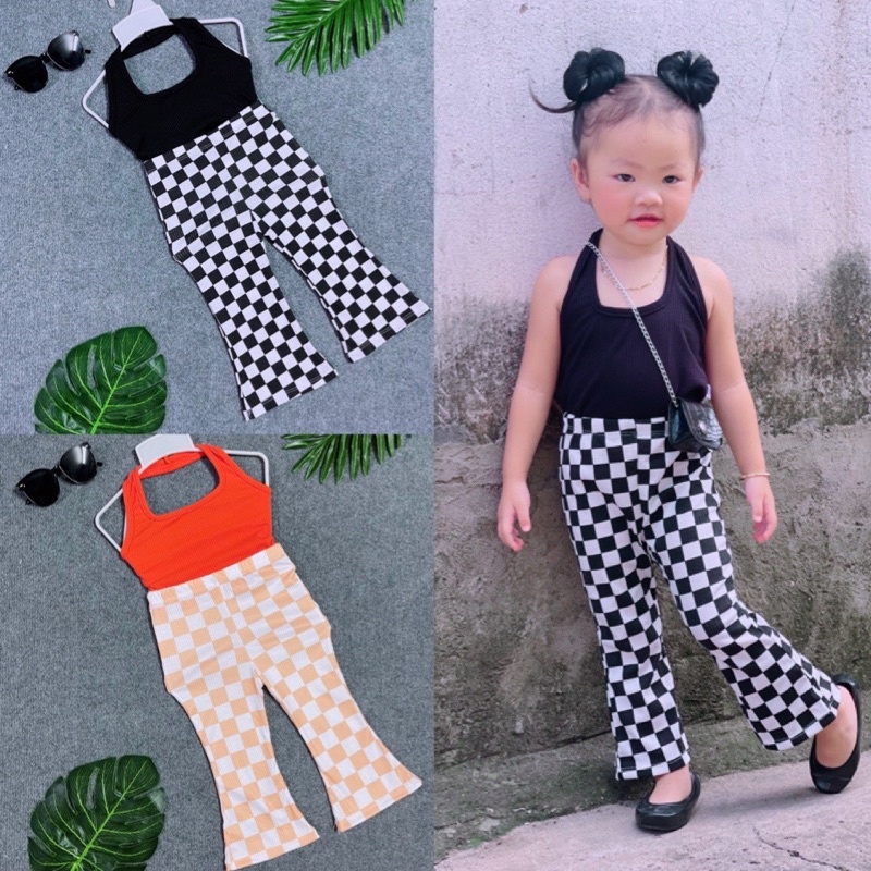 Bộ Thời Trang Bé Gái Áo Thun Yếm RopTop Phối Quần Loe Điệu Đà Nhiều Màu Cho Bé