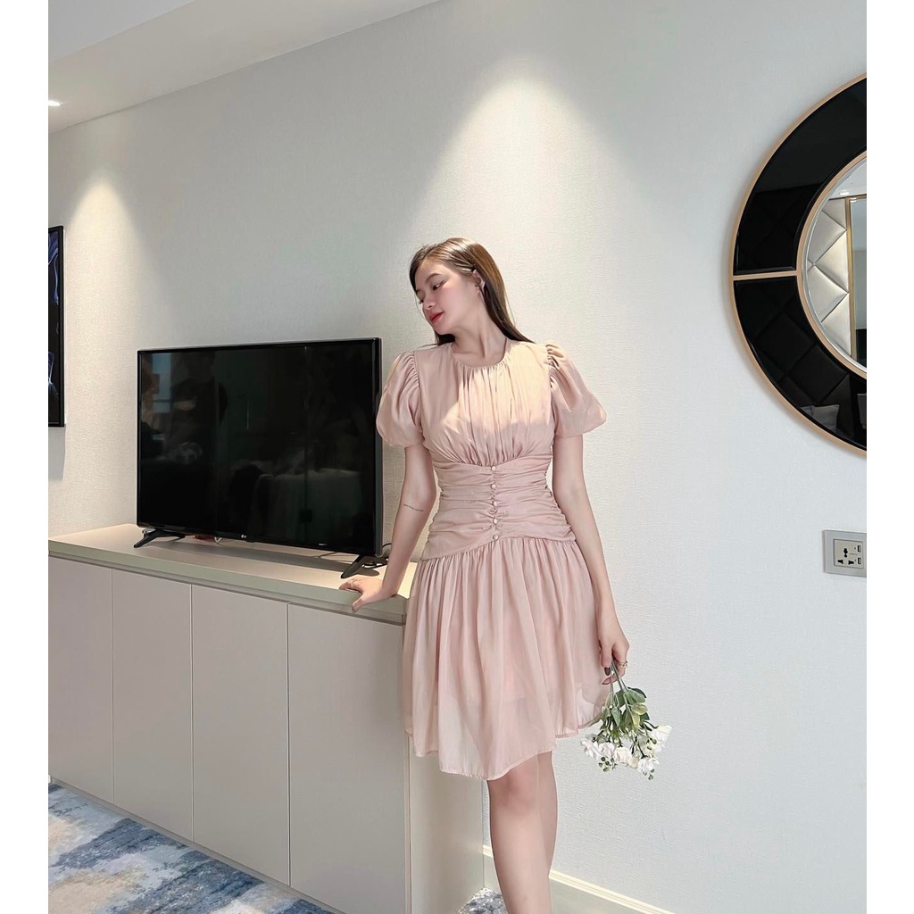 Đầm voan tay phồng nhún eo